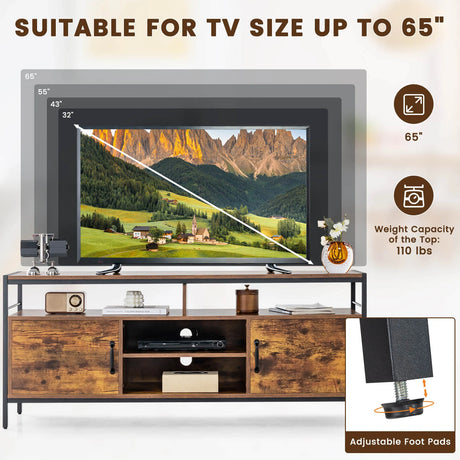 58 Inch Industrial TV Stand with Cabinets and Adjustable Shelf for TVs up to 65 Inch-Rustic Brwon