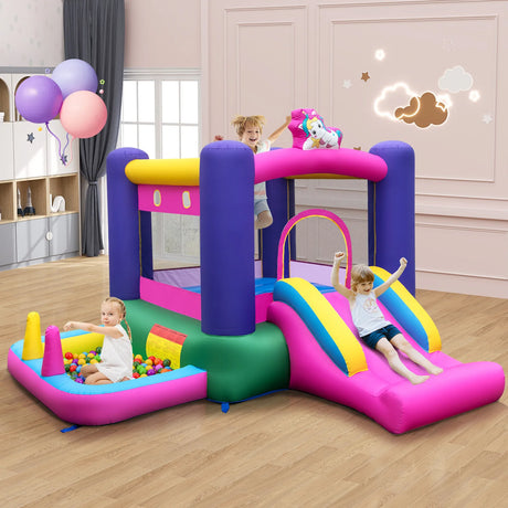 Inflatable Bounce House with Slide Splash Pool Basketball Hoop and Ring Tossing Games
