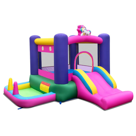Inflatable Bounce House with Slide Splash Pool Basketball Hoop and Ring Tossing Games