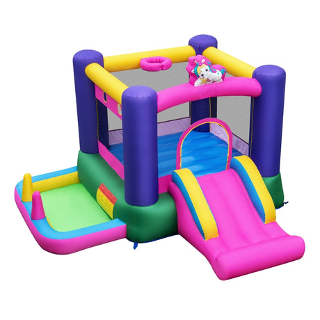 Inflatable Bounce House with Slide Splash Pool Basketball Hoop and Ring Tossing Games
