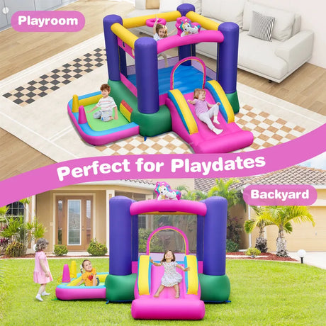 Inflatable Bounce House with Slide Splash Pool Basketball Hoop and Ring Tossing Games