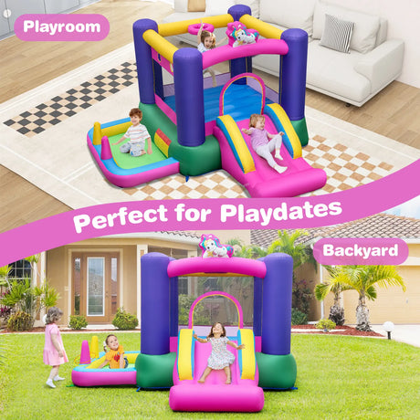Inflatable Bounce House with Slide Splash Pool Basketball Hoop and Ring Tossing Games