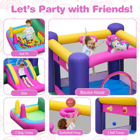 Inflatable Bounce House with Slide Splash Pool Basketball Hoop and Ring Tossing Games