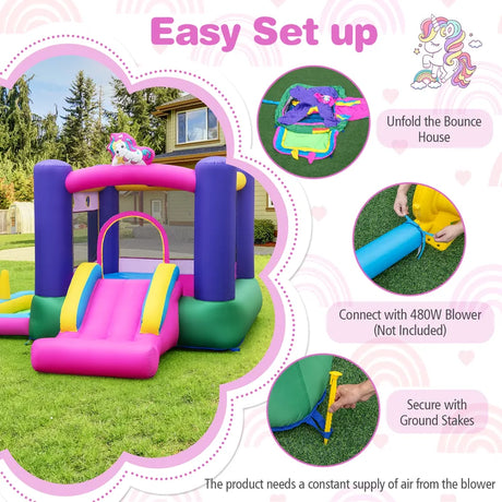 Inflatable Bounce House with Slide Splash Pool Basketball Hoop and Ring Tossing Games