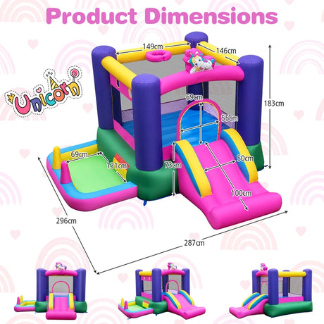 Inflatable Bounce House with Slide Splash Pool Basketball Hoop and Ring Tossing Games