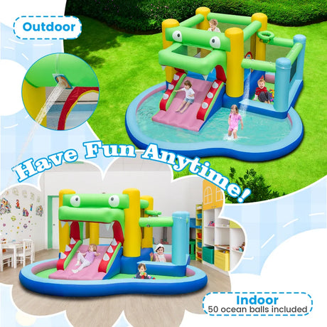 5-in-1 Inflatable Bounce House Crocodile Water Park with Splash Pool with 680W Blower