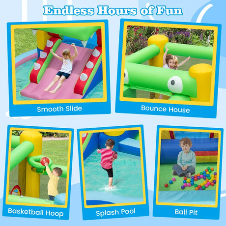 5-in-1 Inflatable Bounce House Crocodile Water Park with Splash Pool with 680W Blower