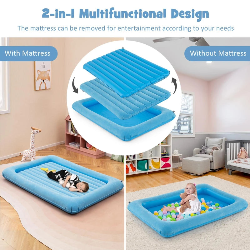 Inflatable Toddler Travel Bed with Electric Pump and Raised Bed Rails-Blue