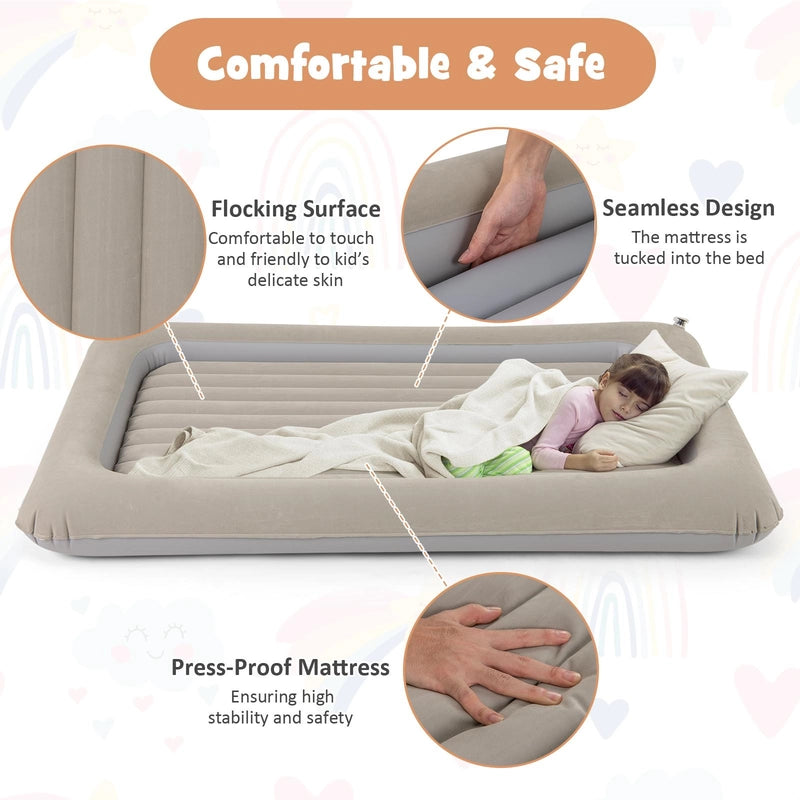 Inflatable Toddler Travel Bed with Electric Pump and Raised Bed Rails-Grey