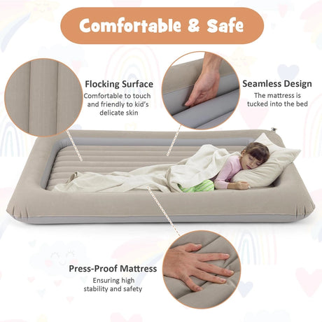 Inflatable Toddler Travel Bed with Electric Pump and Raised Bed Rails-Grey