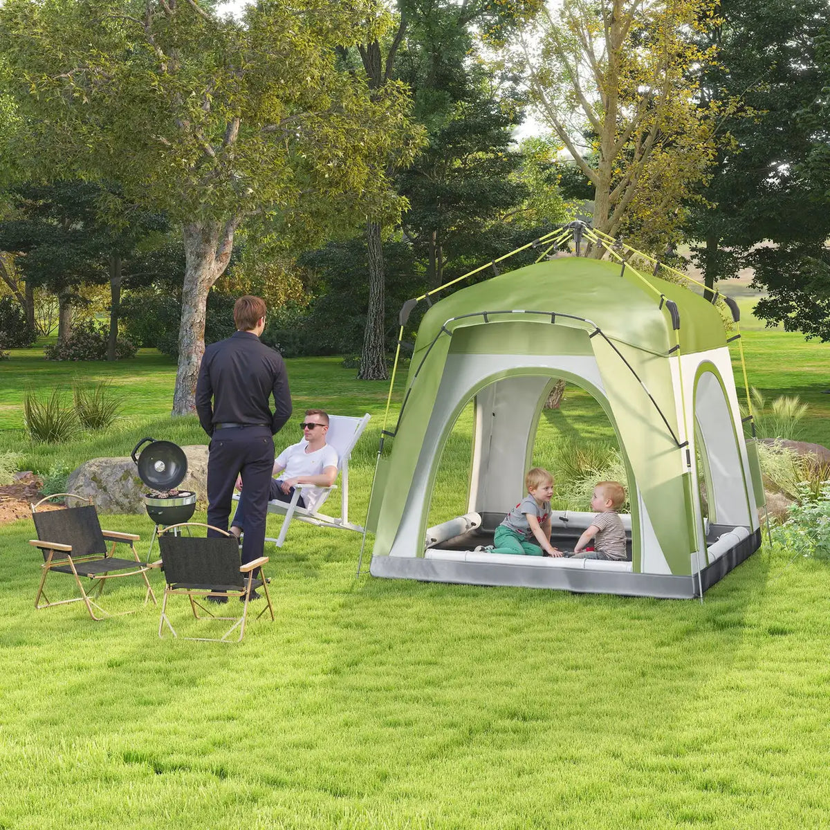 Outsunny Instant Pop Up Camping Tent, 4 Man Dome Tent with 4 Doors, Sewn-in Groundsheet, Carry Bag and Top Hook for Fishing Hiking Festival, Green
