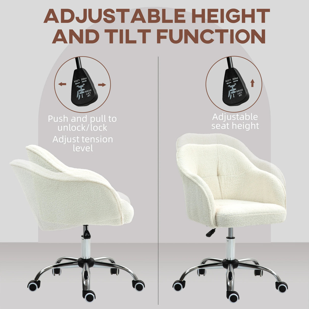 HOMCOM 46-56 cm Teddy Fleece Office Chair - Cream