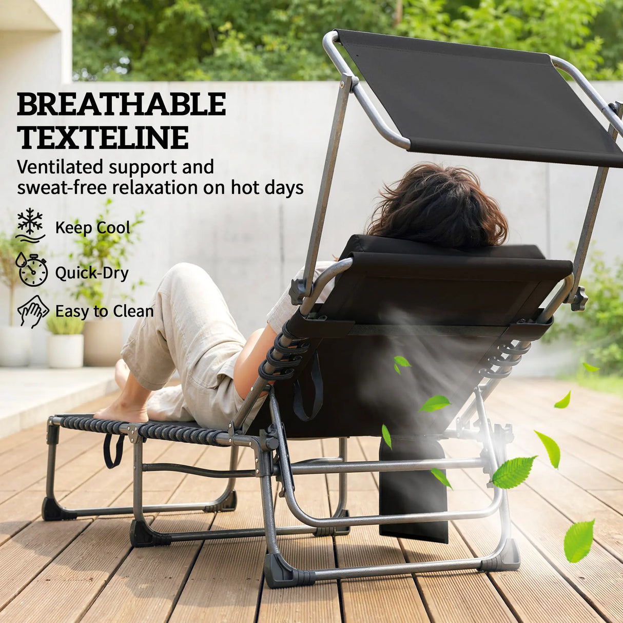 Outsunny Folding Sun Loungers Set of 2 with Canopy, Reclining Sunbed with Cushion, Side Pocket, Carrying Handle, Light Grey