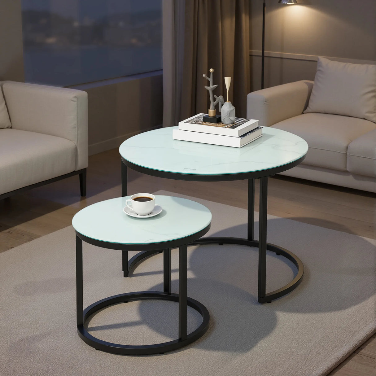 HOMCOM Glass Coffee Table Set of 2, Round Nest of Tables with Marble-Effect Tempered Glass Tabletop and Steel Frame, Modern Side Tables for Living Room, White