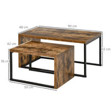 HOMCOM Coffee Tables Set of 2, Industrial Nest of Tables with Metal Frame for Living Room Bedroom, Rustic Brown