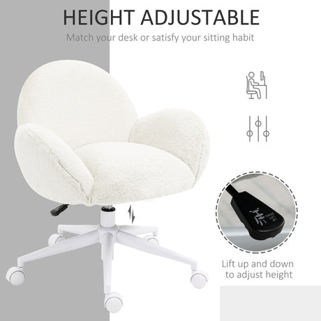 HOMCOM Makeup Vanity Chair, Cute Fluffy Desk Chair with Rolling Wheels for Bedroom Living Room, Cream White