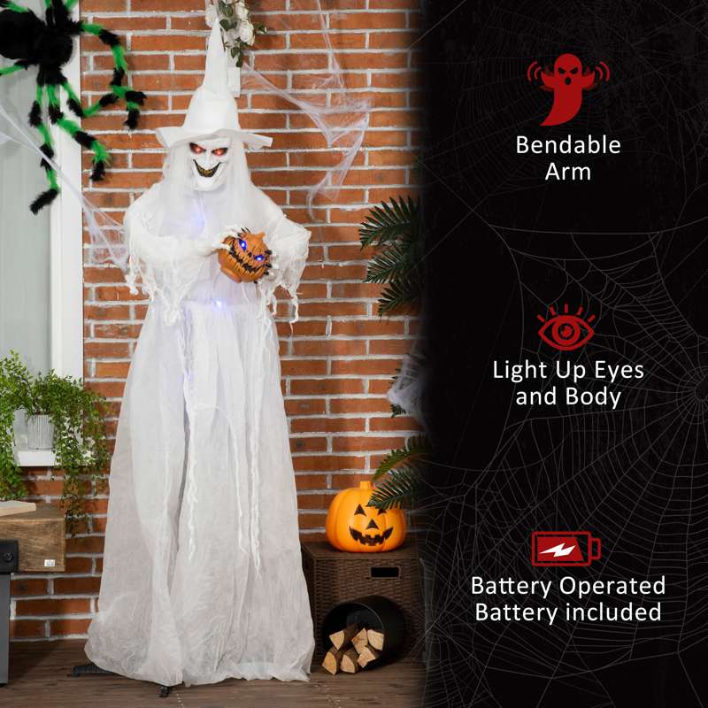 Outsunny 74 Inch Halloween Decorations White Witch Holding Pumpkin Head, Standing Skeleton Ghost Prop Life Size with Light Up Eyes and Body