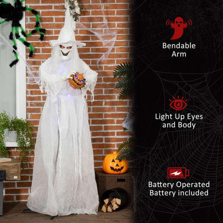 Outsunny 74 Inch Halloween Decorations White Witch Holding Pumpkin Head, Standing Skeleton Ghost Prop Life Size with Light Up Eyes and Body