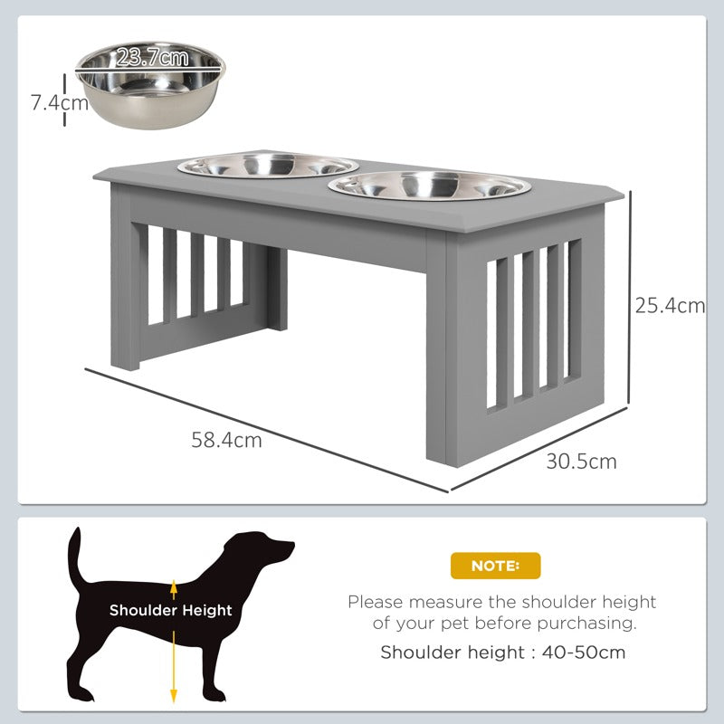 PawHut Raised Dog Feeding Bowls with Stand, Stainless Steel for Medium Dog, 58L x 31W x 25H cm - Grey