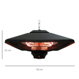 Outsunny Hanging Electric Patio Heater with 2 Power Settings, 1000/2000W Waterproof Ceiling Mounted Aluminium Halogen Infrared Outdoor Heater Warmer with LED Light and Remote Control, Black