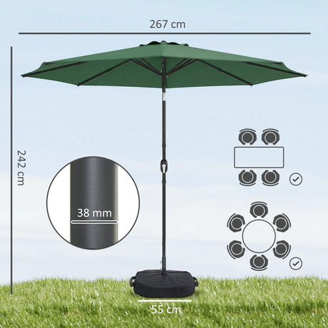Outsunny 2.7 m Garden Parasol Umbrella with Cross Base and Sandbag, Retractable Ribs, Outdoor Table Market Umbrella, Green