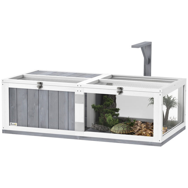 PawHut Wooden Tortoise House with Lamp Holder, Clear Observation Window, Openable Tops, Built-in Tray, Light Grey