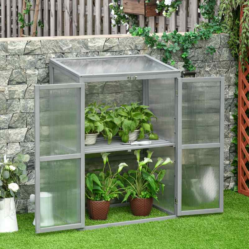 Outsunny Wooden Cold Frame Greenhouse Polycarbonate Garden Grow House for Flower Vegetable Plants with Adjustable Shelf, Double Doors, 76 x 47 x 110cm, Light Grey