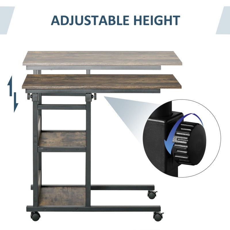 HOMCOM C-Shaped Side Table Industrial Mobile Rolling End Desk with 3-Tier Storage Shelving, Adjustable Height, Wheels