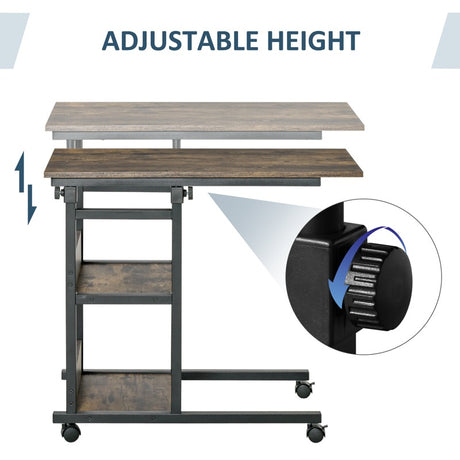 HOMCOM C-Shaped Side Table Industrial Mobile Rolling End Desk with 3-Tier Storage Shelving, Adjustable Height, Wheels