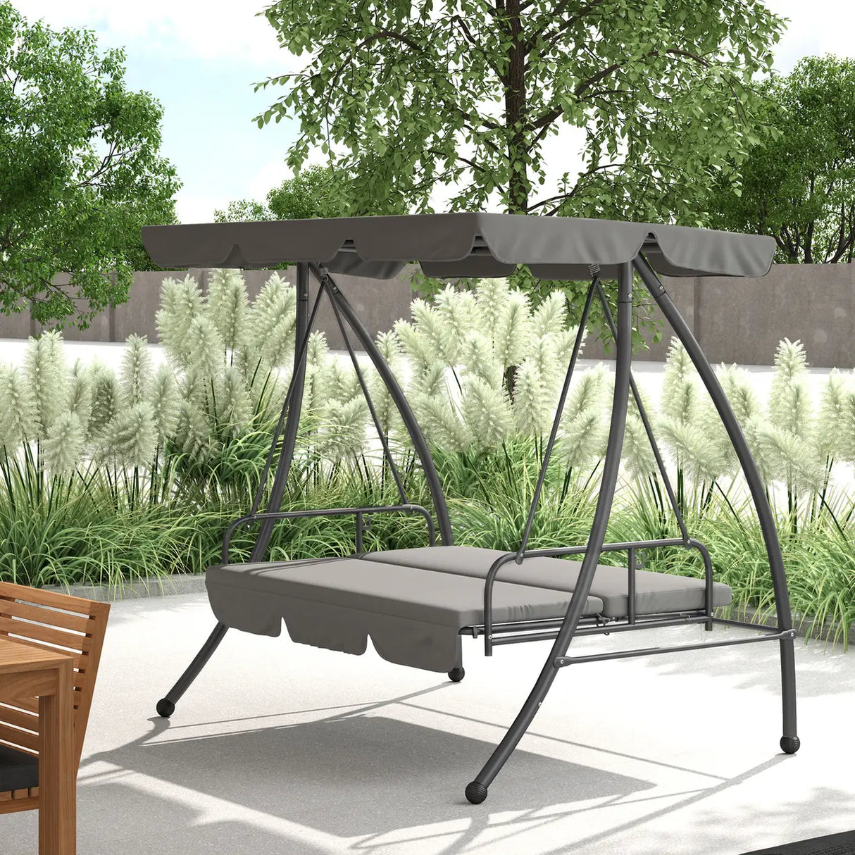 Outsunny Outdoor 2-in-1 Swing Chair Lounger 3 Seater Garden Swing Seat Bed Convertible Tilt Canopy W/ Cushion, Light Grey