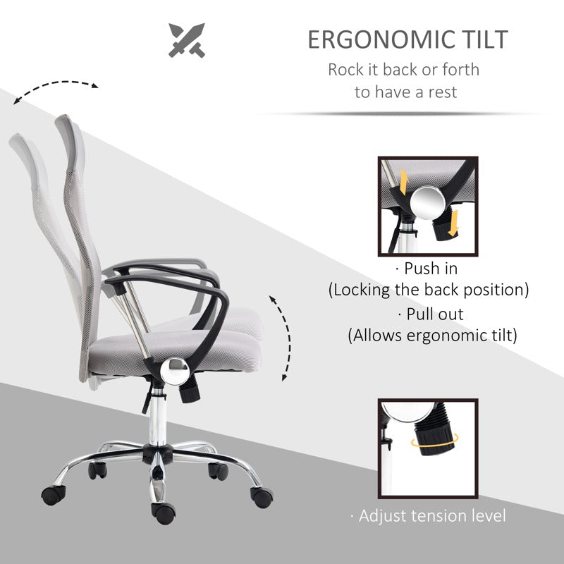 Vinsetto Ergonomic Office Chair Mesh Chair with Adjustable Height Tilt Function Light Grey