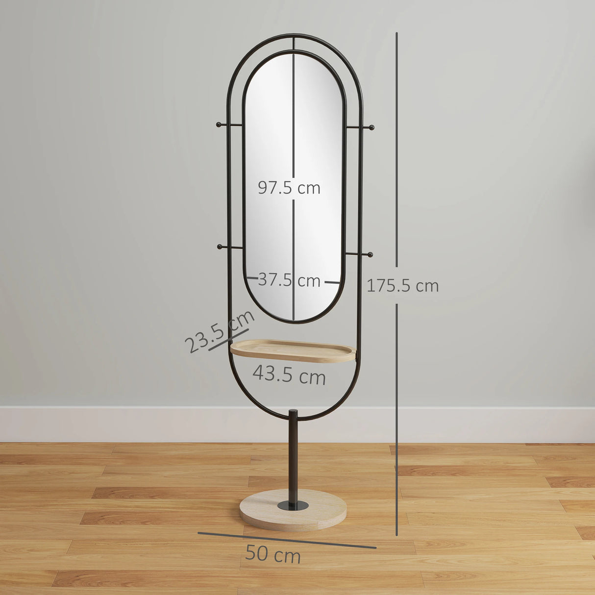 HOMCOM Oval Full Length Mirror with Wooden Tray and 4 Hooks - Black