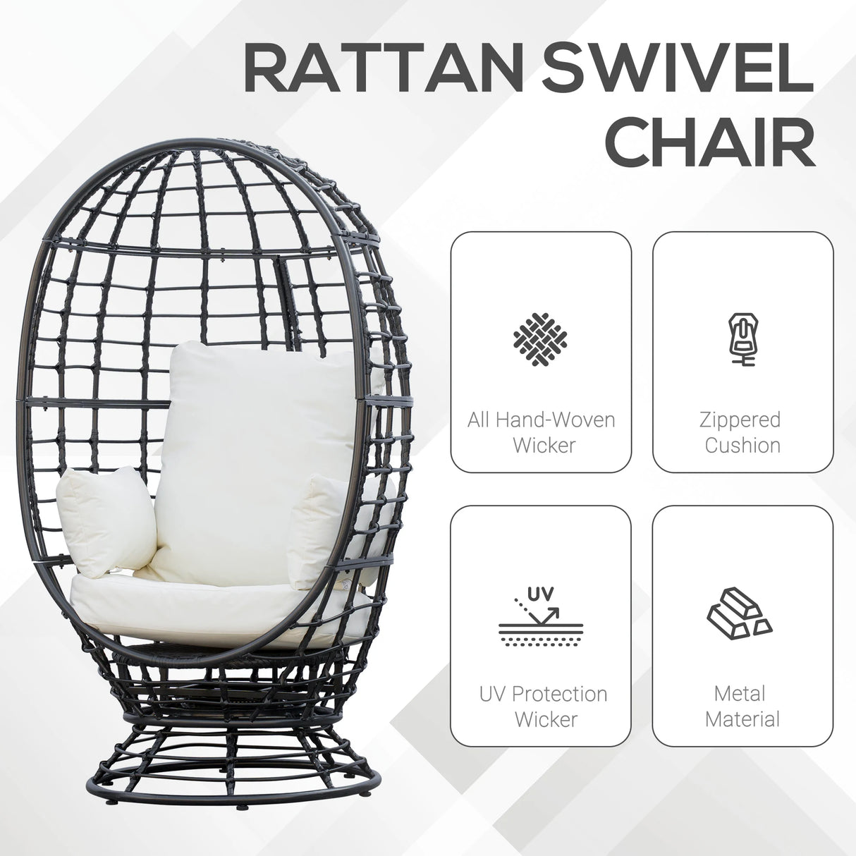 Outsunny 360 Swivel Egg Chair, Garden Rattan Swivel Chair with Thickened Cushion and Pillow, 150 KG Capacity for Indoor Outdoor, Balcony, Patio, Black