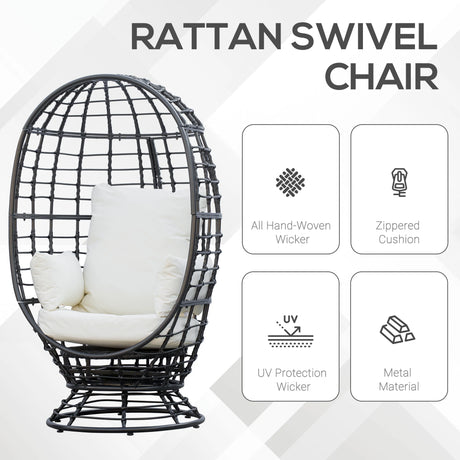 Outsunny 360 Swivel Egg Chair, Garden Rattan Swivel Chair with Thickened Cushion and Pillow, 150 KG Capacity for Indoor Outdoor, Balcony, Patio, Black