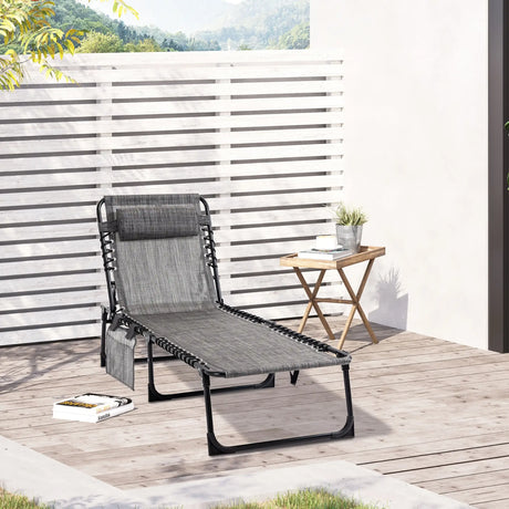 Outsunny Portable Sun Lounger, Folding Camping Bed Cot, Reclining Lounge Chair 5-position Adjustable Backrest with Side Pocket, Pillow for Patio Garden Beach Pool, Mixed Grey