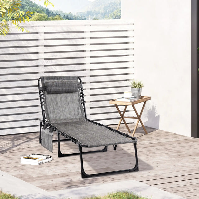 Outsunny Portable Sun Lounger, Folding Camping Bed Cot, Reclining Lounge Chair 5-position Adjustable Backrest with Side Pocket, Pillow for Patio Garden Beach Pool, Mixed Grey