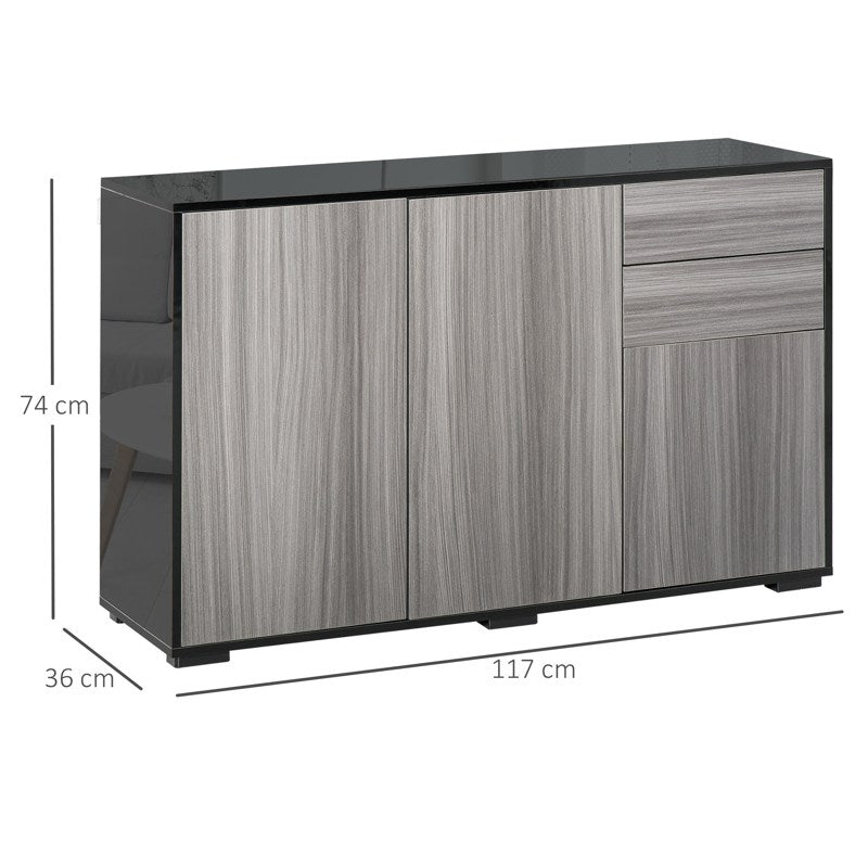 HOMCOM High Gloss Side Cabinet, Push-Open Design with 2 Drawers and 2 Cabinets for Living Room, 74H x 117W x 36Dcm, Light Grey and Black