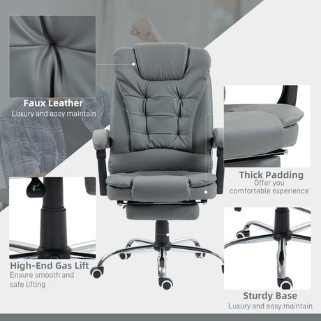 HOMCOM Executive Office Chair, PU Leather High Back Desk Chair with Adjustable Height, Recliner Computer Swivel Chair with Footrest for Home Office, Grey