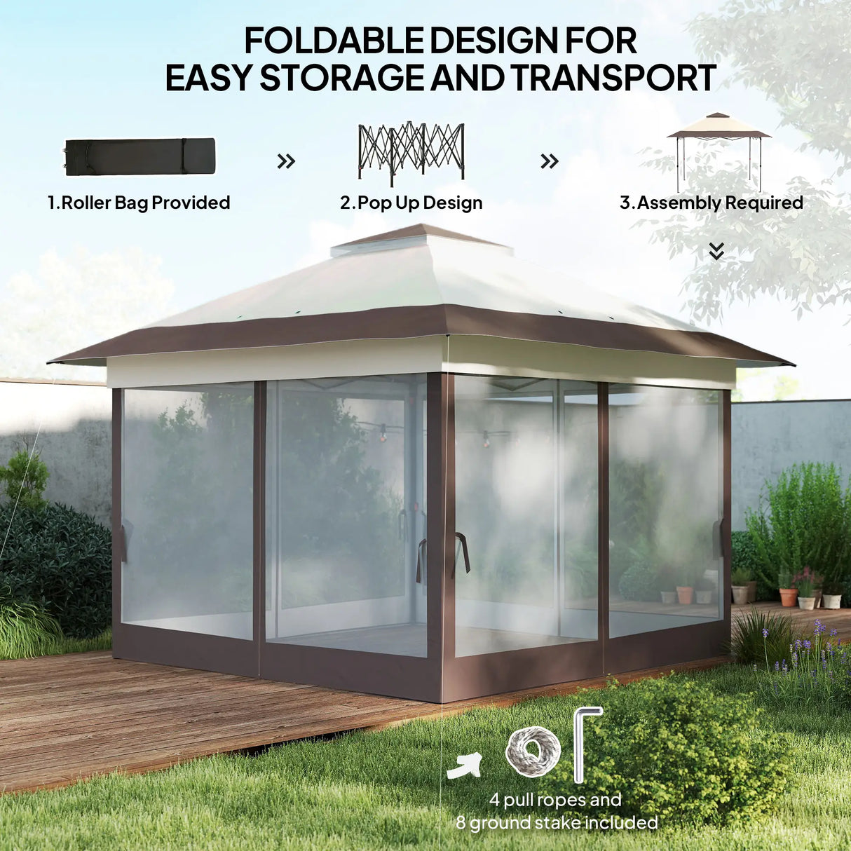 Outsunny 3.6 x 3.6 m Pop up Gazebo with Netting, Height Adjustable Party Tent Instant Canopy Sun Shade Shelter, Khaki