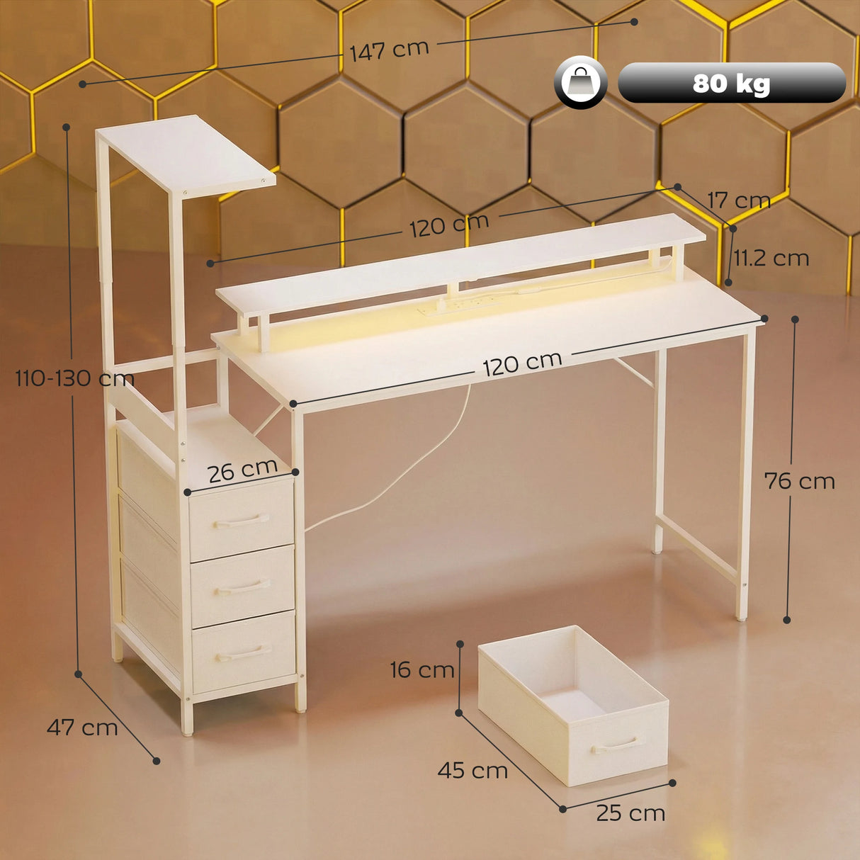 HOMCOM 147cm Gaming Desk with Charging Station and Monitor Stand, Computer Table for Home Office with RGB Lights, White