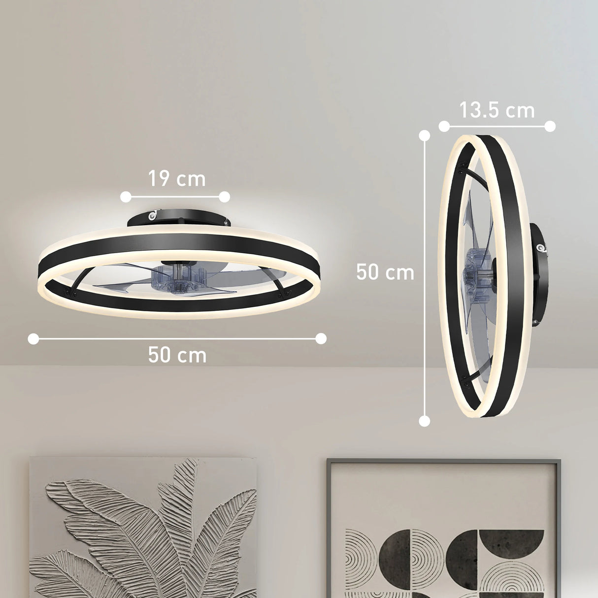 HOMCOM Ceiling Fan with Light and Remote, LED Mount Ceiling Fan with 3 Colour Temperatures, 6 Speed, 50 cm, Black