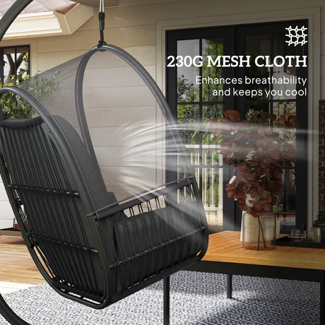 Outsunny Hanging Egg Chair Outdoor Indoor, Swing Hammock Chair with Stand, Cushions, Lumbar Pillow, Adjustable Height and Steel Frame for Garden Patio Lounge Porch, Dark Grey