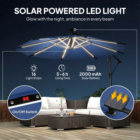 Outsunny 3 m Garden Cantilever Parasol with LED Solar Light, Round Overhanging Umbrella with 360 Rotation, Cover, Navy Blue
