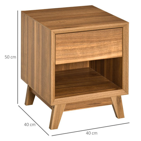 HOMCOM Modern Bedside Table Nightstand, Living Room End Table, Side Table with Drawer and Shelf, Set of 2, Walnut Brown