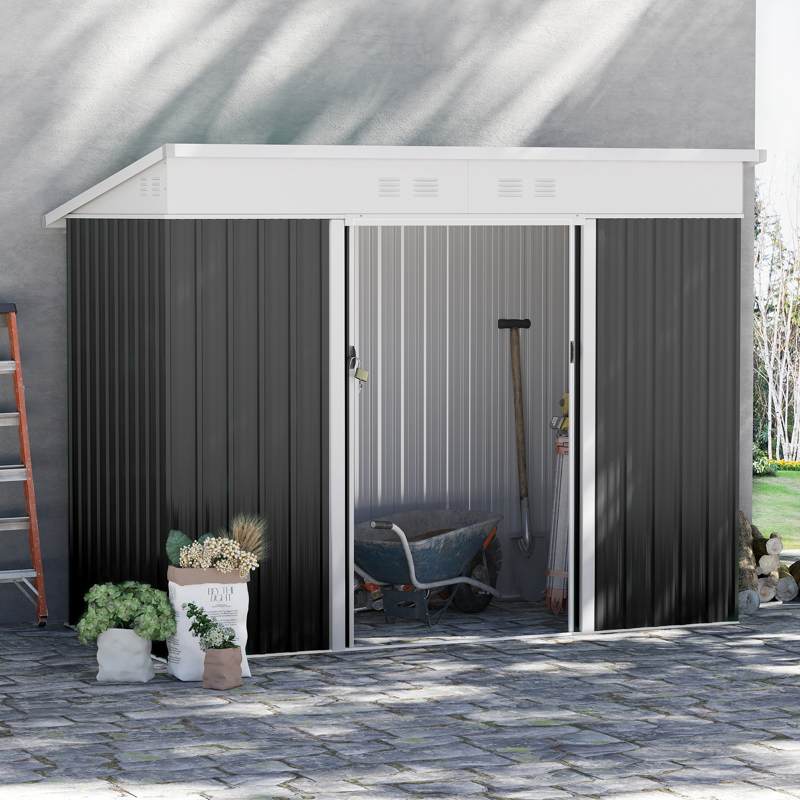 Outsunny 7.6 x 4.3ft Garden Storage Shed with Lockable Sliding Doors and Ventilation, Metal Garden Tool Storage House, Dark Grey