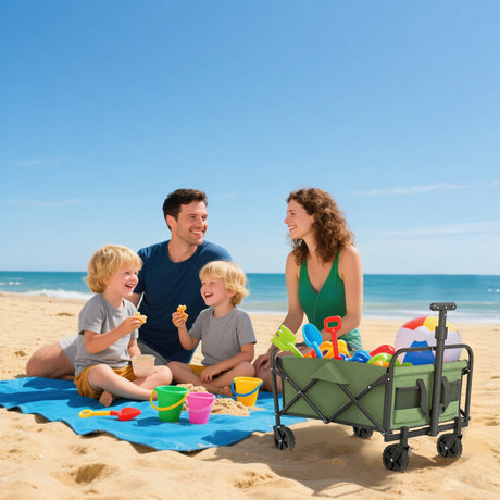 Outsunny 62L Festival Trolley on Wheels, Garden Folding Trolley Cart, 120kg Heavy Duty Collapsible Folding Wagon with Adjustable Handle and Carrying Bag for Beach, Camping, Festival, Green