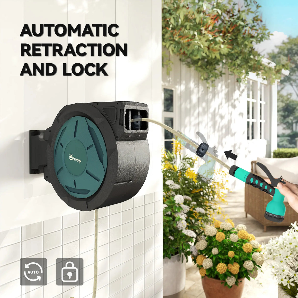 Outsunny Retractable Hose Reel Wall Mounted, 20+2m Garden Hose Pipe Reel with Lock, Auto Rewind, 7 in 1 Spray Nozzle, Includes Wall Fixings, 180 Swivel, Outdoor Watering, 54 x 20 x 39 cm, Black
