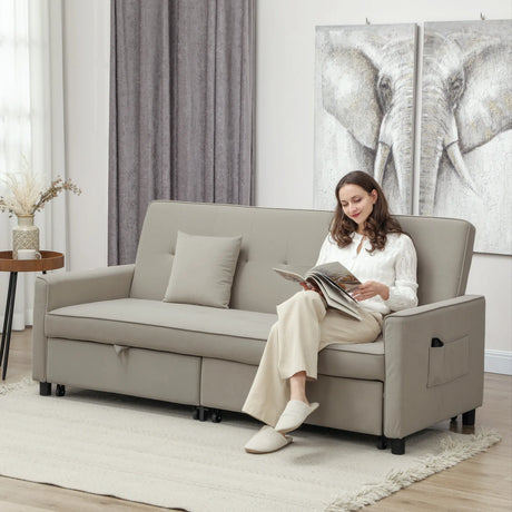 HOMCOM Three-Person Velvet-Feel Sofa Bed - Beige