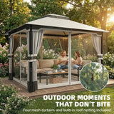 Outsunny 3 x 3.6 m Outdoor Garden Gazebo with Netting and Curtains, Double Roof Patio Gazebo Permanent Pavilion, Light Grey