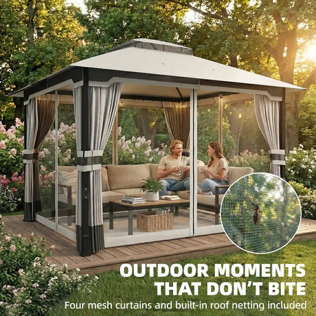 Outsunny 3 x 3.6 m Outdoor Garden Gazebo with Netting and Curtains, Double Roof Patio Gazebo Permanent Pavilion, Light Grey